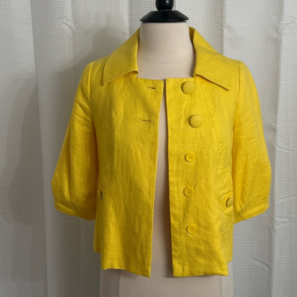 H&M Women's Vintage Style Textured Weave 3/4 Sleeve Cropped Jacket, Yellow, Sz 6